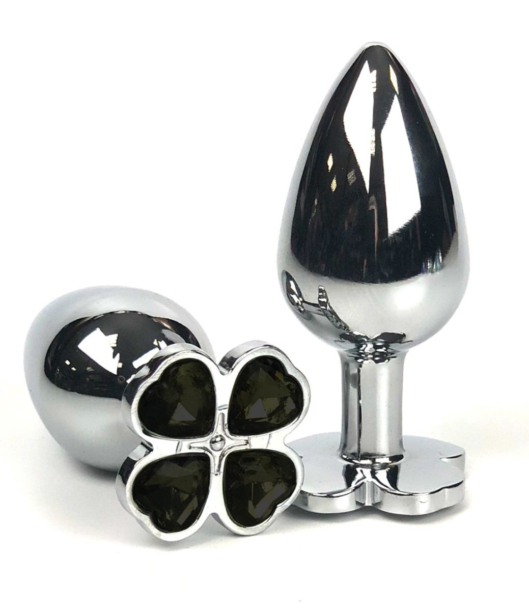 Серебристая анальная втулка с клевером из черных кристаллов - 6,5 см.